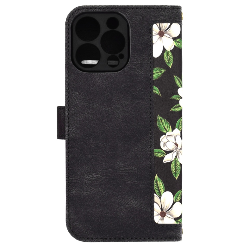 Husa pentru iPhone 16 Pro Max, SKYDDAR INNOVATION, Floral Wallet, din Piele Ecologică cu Design Floral, Protecție 360°, Stand Integrat, Buzunare pentru Carduri, Negru, set cu sticker - 1 | YEO