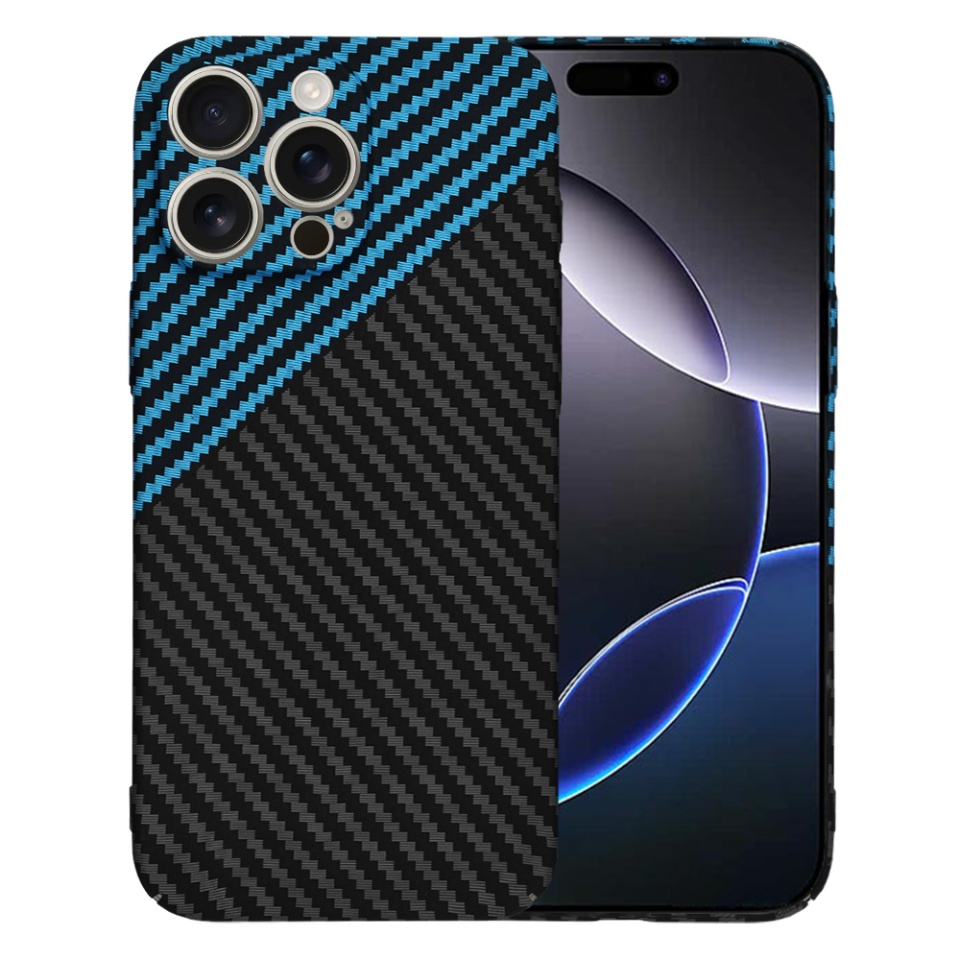 Husa pentru iPhone 16 Pro Max, SKYDDAR INNOVATION, textura carbon, Carbonite FiberShell, Bleu, set cu sticker
