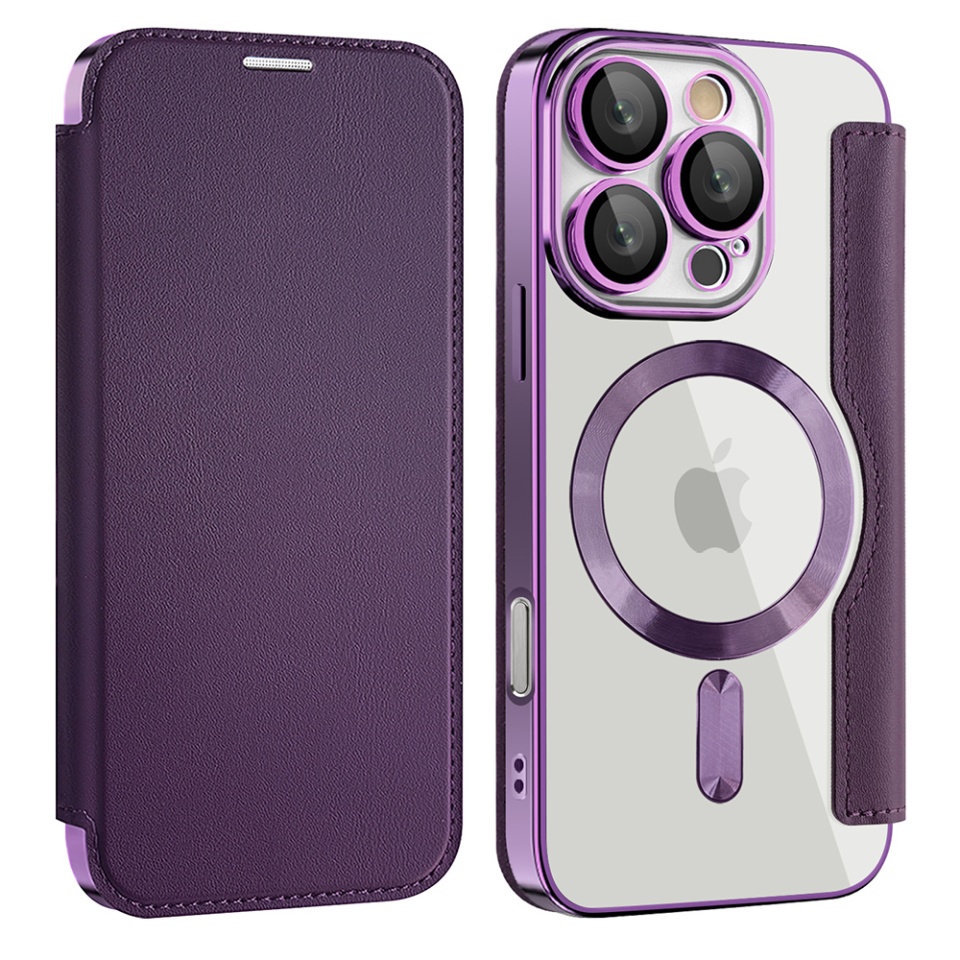 Husa pentru iPhone 16 Pro Max tip carte, SKYDDAR INOVATION, SmartMag Book, Magsafe, RFiD, Suport Carduri, set cu sticker, Mov - 1 | YEO