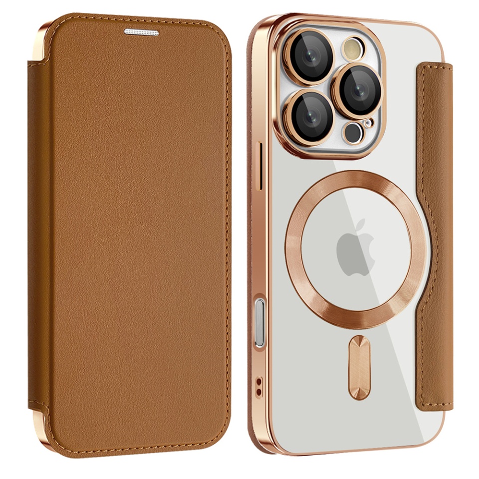 Husa pentru iPhone 16 Pro Max tip carte, SKYDDAR INOVATION, SmartMag Book, Magsafe, RFiD, Suport Carduri, set cu sticker, Maro - 1 | YEO