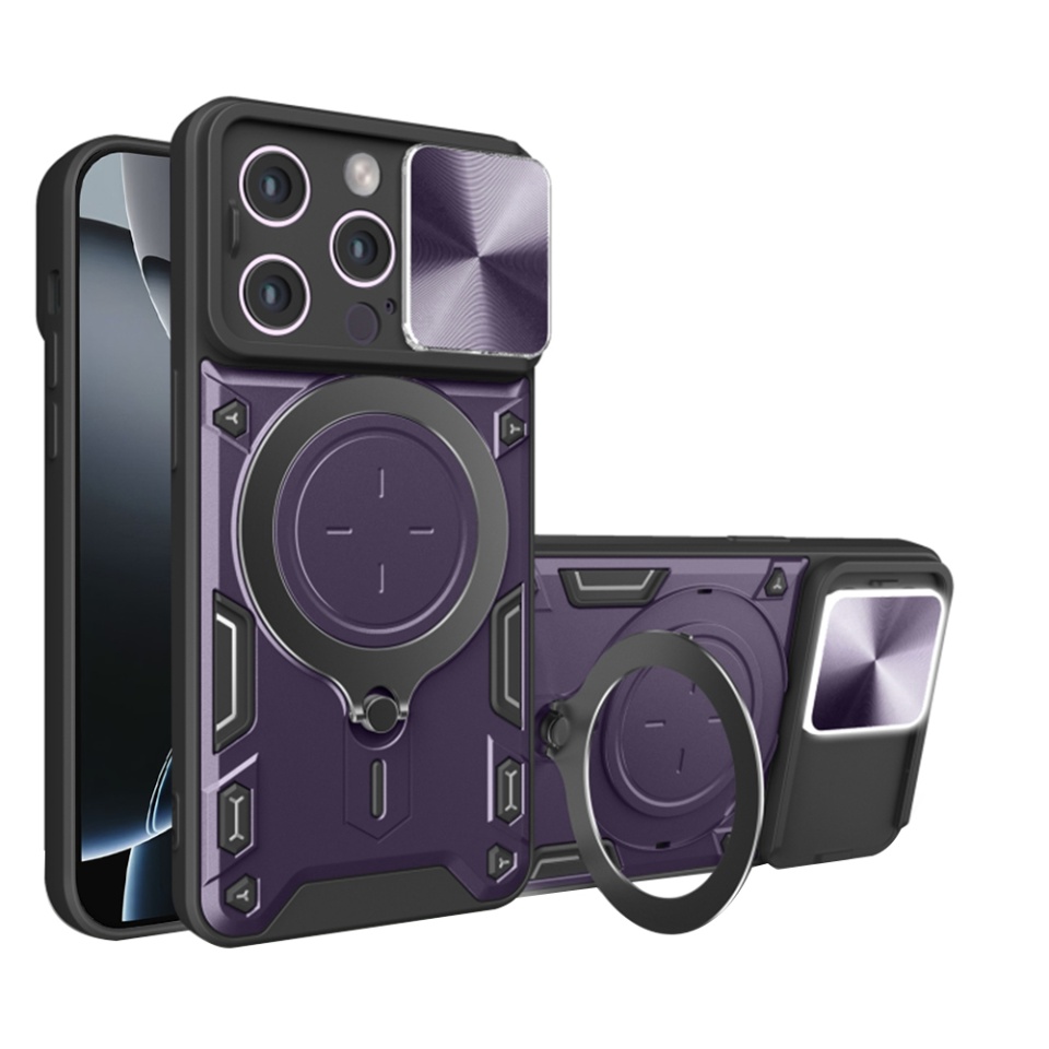 Husa pentru iPhone 16 Pro, SKYDDAR INNOVATION, CamGuard Pro, Inel Magnetic, Protectie Camera, Mov, set cu sticker