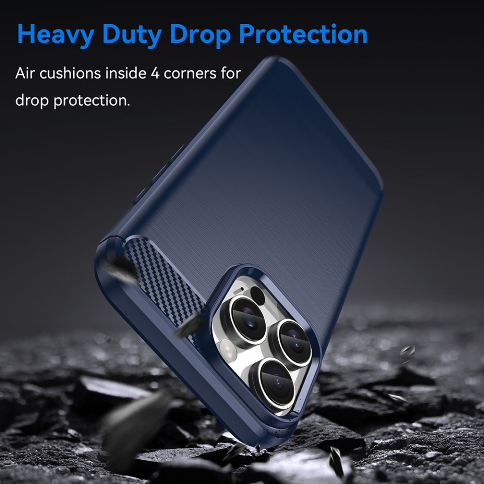 Husa pentru iPhone 16 Pro, SKYDDAR INNOVATION, Carbon Silicone, din Silicon Premium, Slim, cu textura Fibra Carbon, Albastru, set cu sticker - 1 | YEO