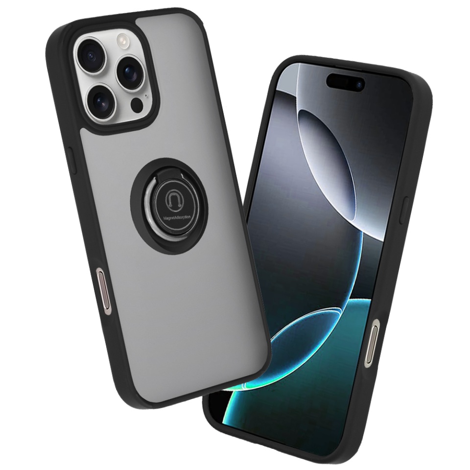 Husa pentru iPhone 16 Pro, SKYDDAR INNOVATION, Glinth cu Inel Rotativ 360° Magnetic, Negru, set cu sticker