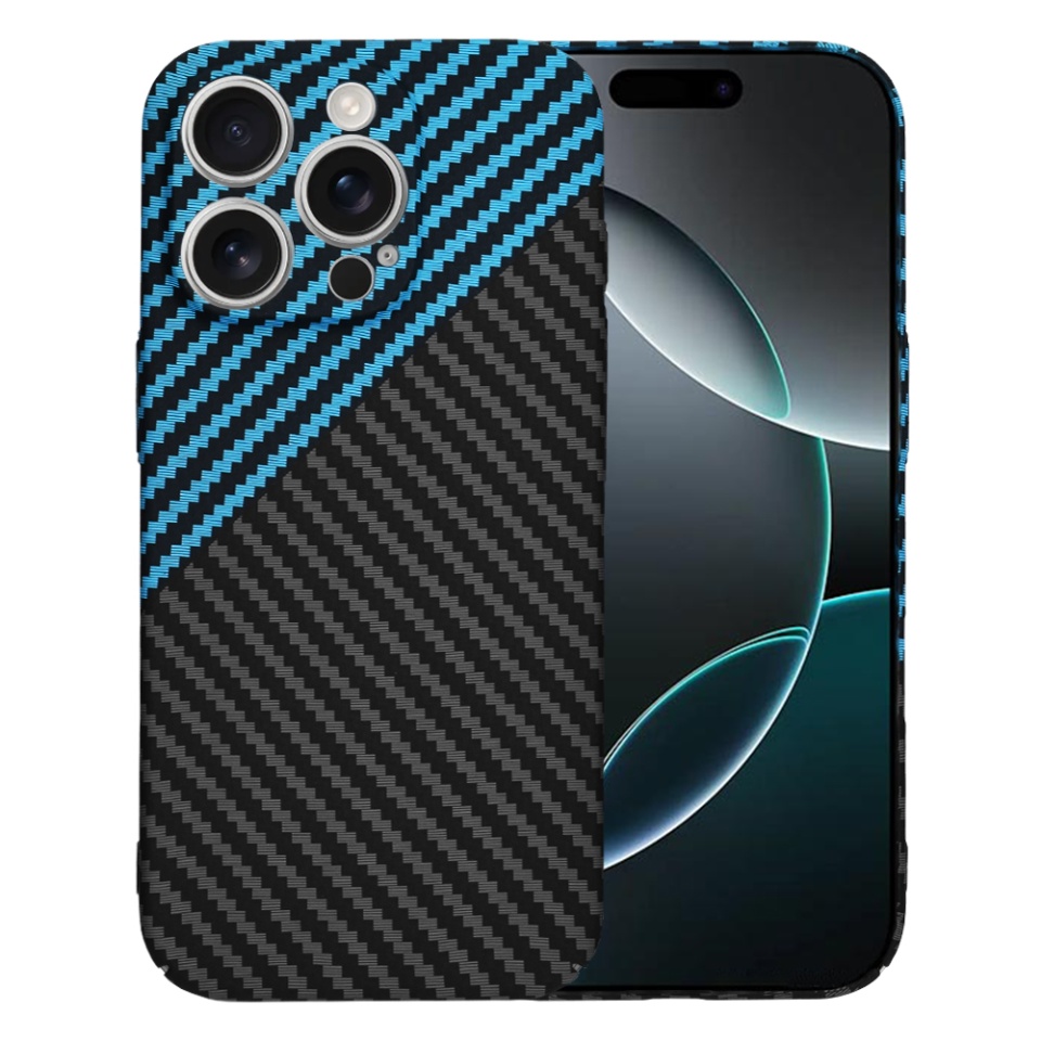 Husa pentru iPhone 16 Pro, SKYDDAR INNOVATION, textura carbon, Carbonite FiberShell, Bleu, set cu sticker