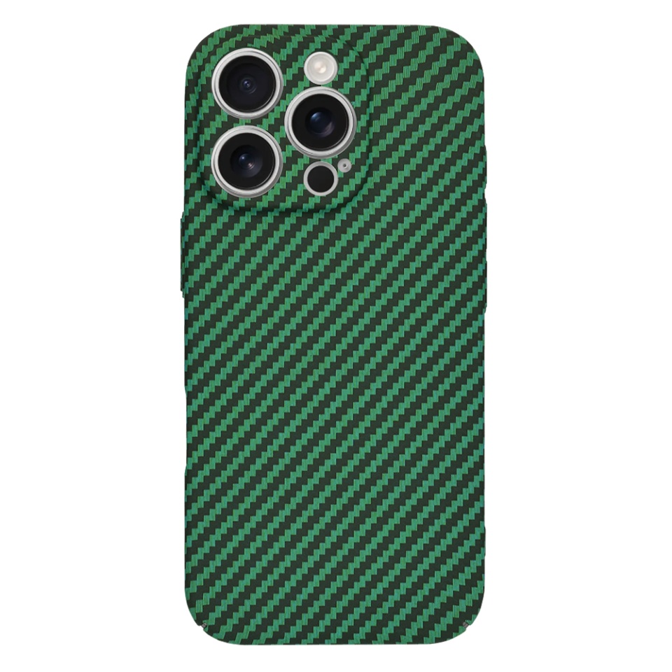 Husa pentru iPhone 16 Pro, SKYDDAR INNOVATION, textura carbon, Carbonite FiberShell, Verde, set cu sticker - 2 | YEO