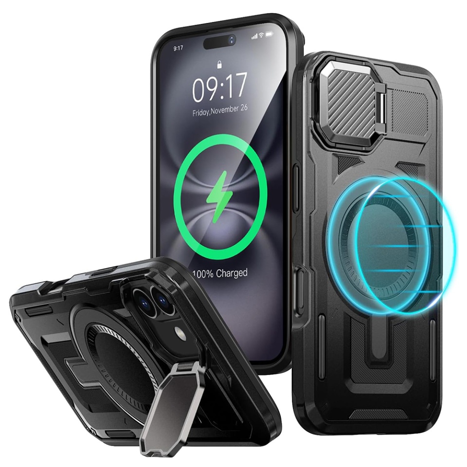 Husa pentru iPhone 16, SKYDDAR INNOVATION, CamVault MagSafe cu Protectie Camera, set cu sticker, Negru