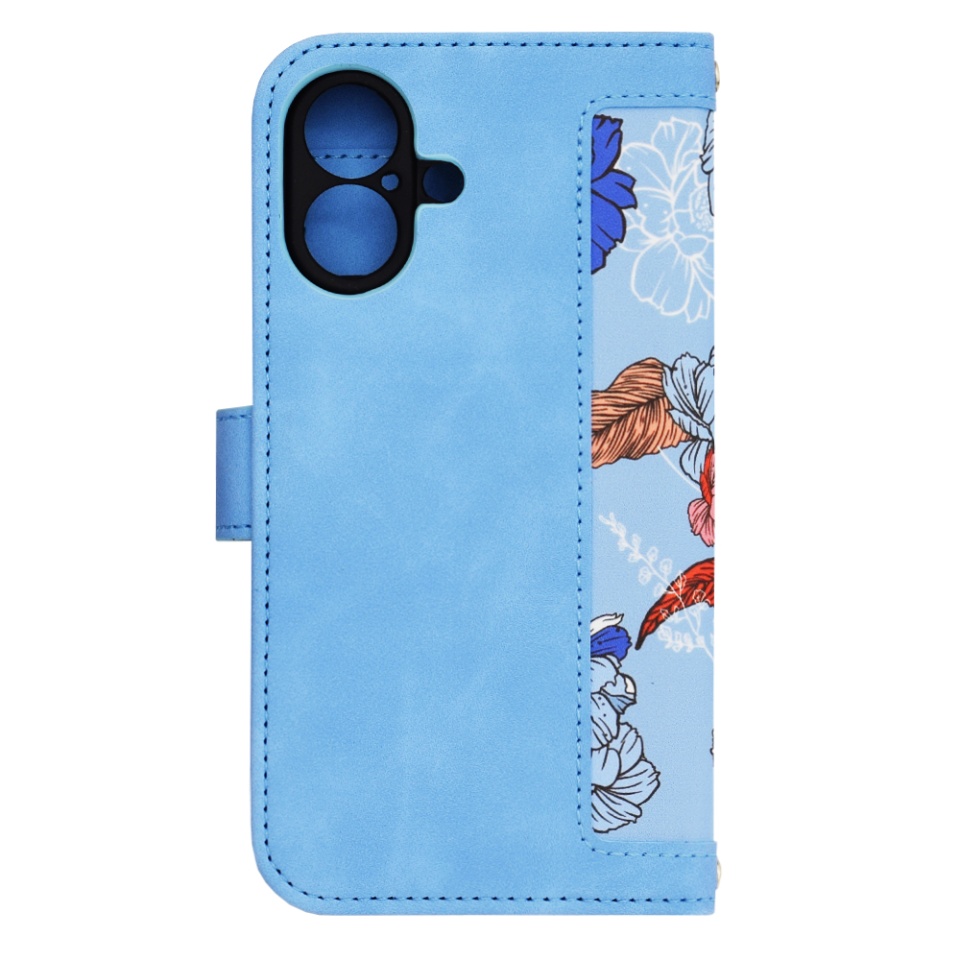 Husa pentru iPhone 16, SKYDDAR INNOVATION, Floral Wallet, din Piele Ecologică cu Design Floral, Protecție 360°, Stand Integrat, Buzunare pentru Carduri, Bleu, set cu sticker - 1 | YEO