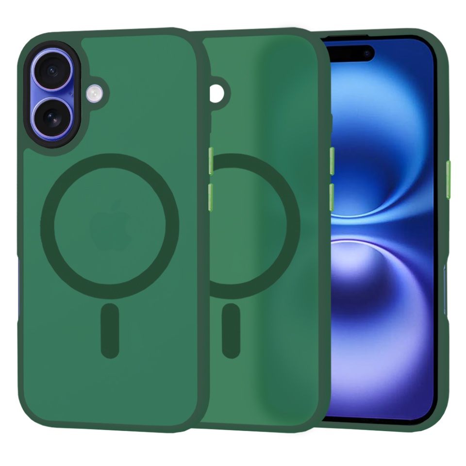 Husa pentru iPhone 16, SKYDDAR INNOVATION, HaloFrost MagSafe, Antisoc, set cu sticker, Verde inchis