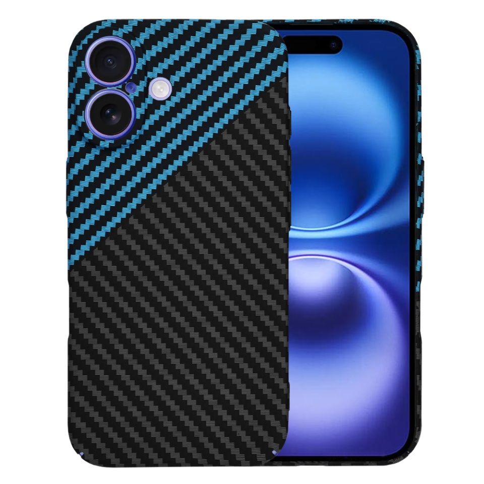 Husa pentru iPhone 16, SKYDDAR INNOVATION, textura carbon, Carbonite FiberShell, Bleu, set cu sticker
