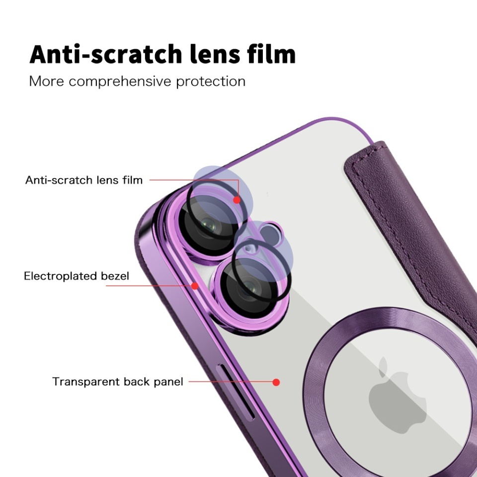 Husa pentru iPhone 16 tip carte, SKYDDAR INOVATION, SmartMag Book, Magsafe, RFiD, Suport Carduri, set cu sticker, Mov - 2 | YEO