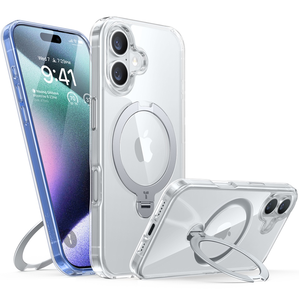 Husa pentru iPhone 16, Torras Ostand Spin MagSafe, Transparenta