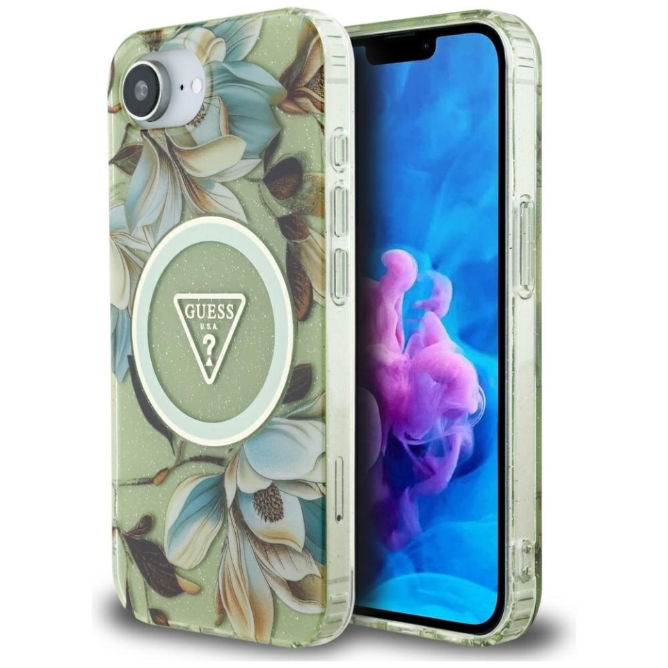 Husa pentru iPhone 16e, IML Flowers with Pearl Strap MagSafe, Guess - Verde