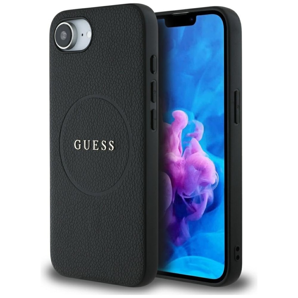 Husa pentru iPhone 16e, Saffiano Iridescent Script, Guess, Negru