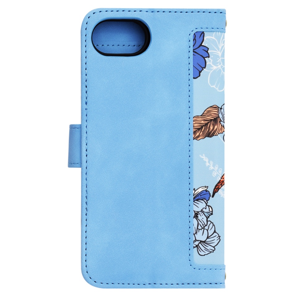 Husa pentru iPhone 16e, SKYDDAR INNOVATION, Floral Wallet, din Piele Ecologică cu Design Floral, Protecție 360°, Stand Integrat, Buzunare pentru Carduri, Bleu, set cu sticker - 3 | YEO