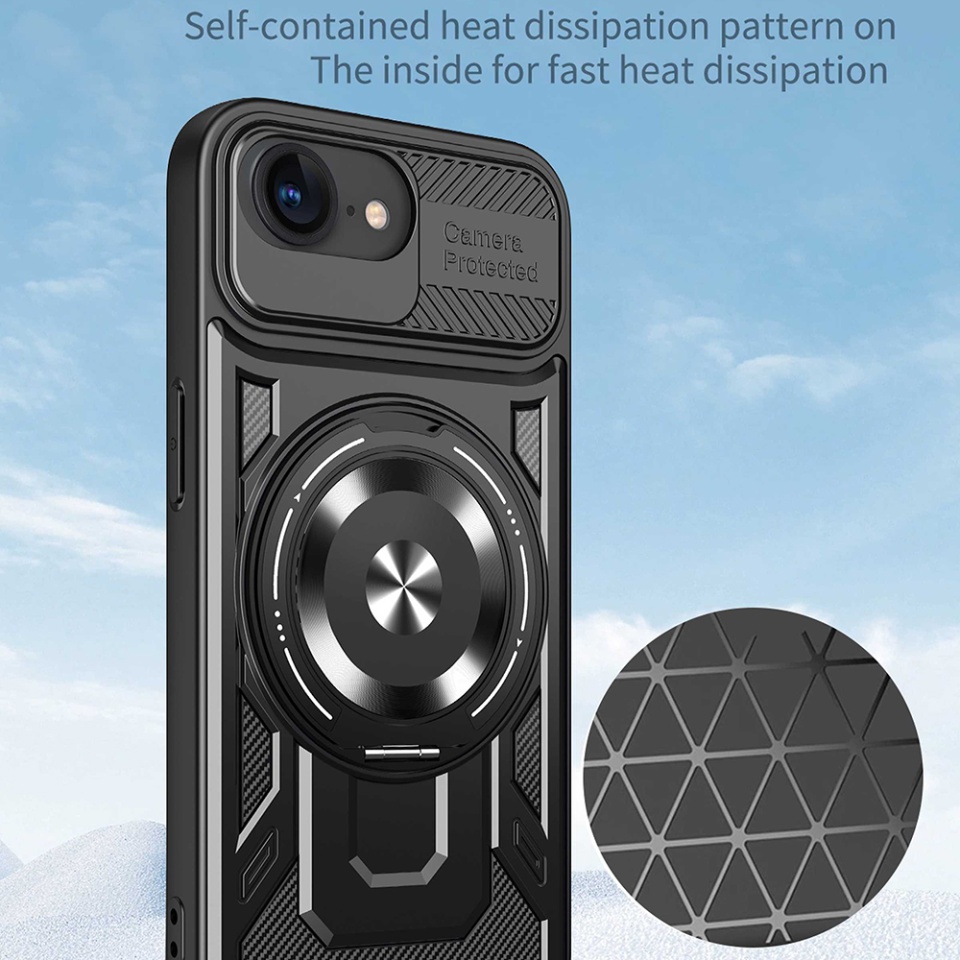 Husa pentru iPhone 16e, SKYDDAR INNOVATION, RuggedCam, Inel magnetic antisoc, set cu sticker, Negru - 3 | YEO