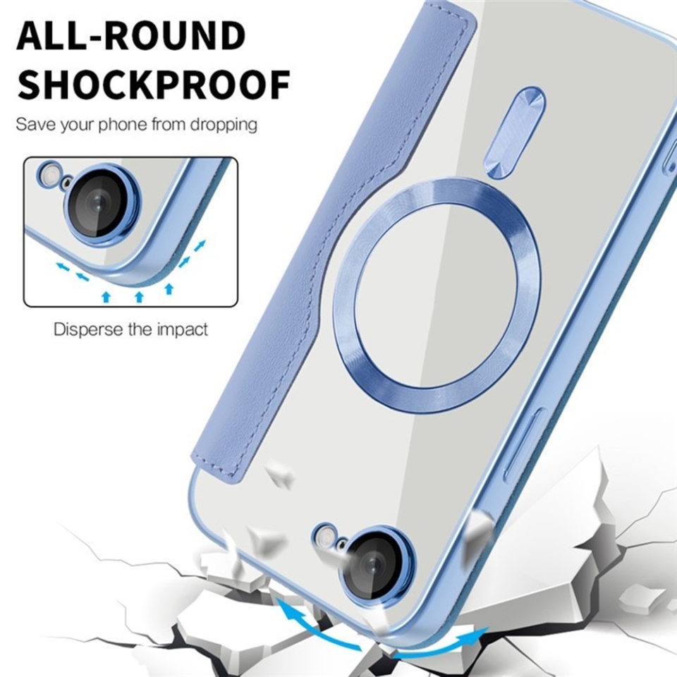 Husa pentru iPhone 16e tip carte, SKYDDAR INOVATION, SmartMag Book, Magsafe, RFiD, Suport Carduri, set cu sticker, Bleu - 2 | YEO