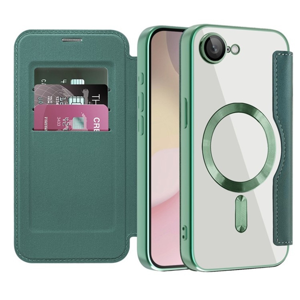 Husa pentru iPhone 16e tip carte, SKYDDAR INOVATION, SmartMag Book, Magsafe, RFiD, Suport Carduri, set cu sticker, Verde