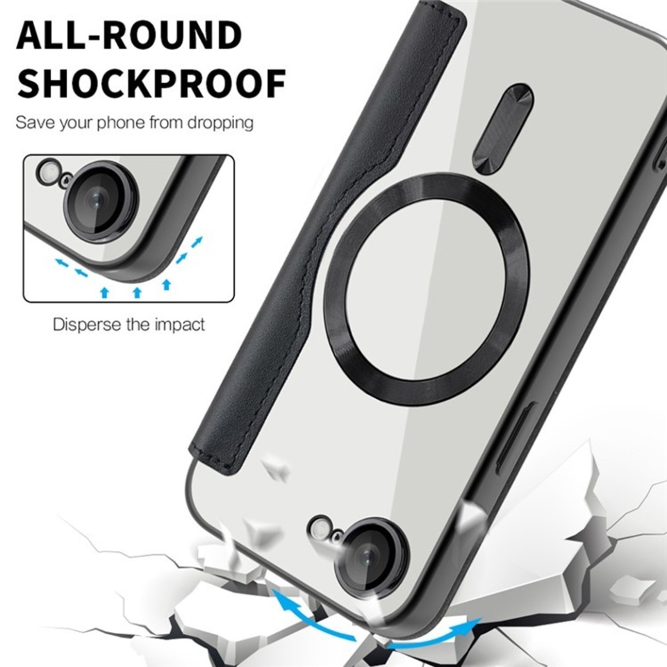 Husa pentru iPhone 16e tip carte, SKYDDAR INOVATION, SmartMag Book, Magsafe, RFiD, Suport Carduri, set cu sticker, Negru - 2 | YEO
