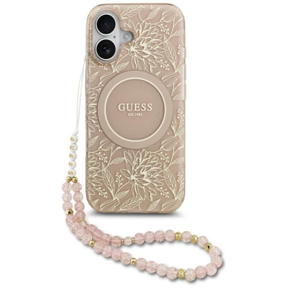 Husa pentru iPhone 17, IML Flowers with Pearl Strap MagSafe, Guess - Negru