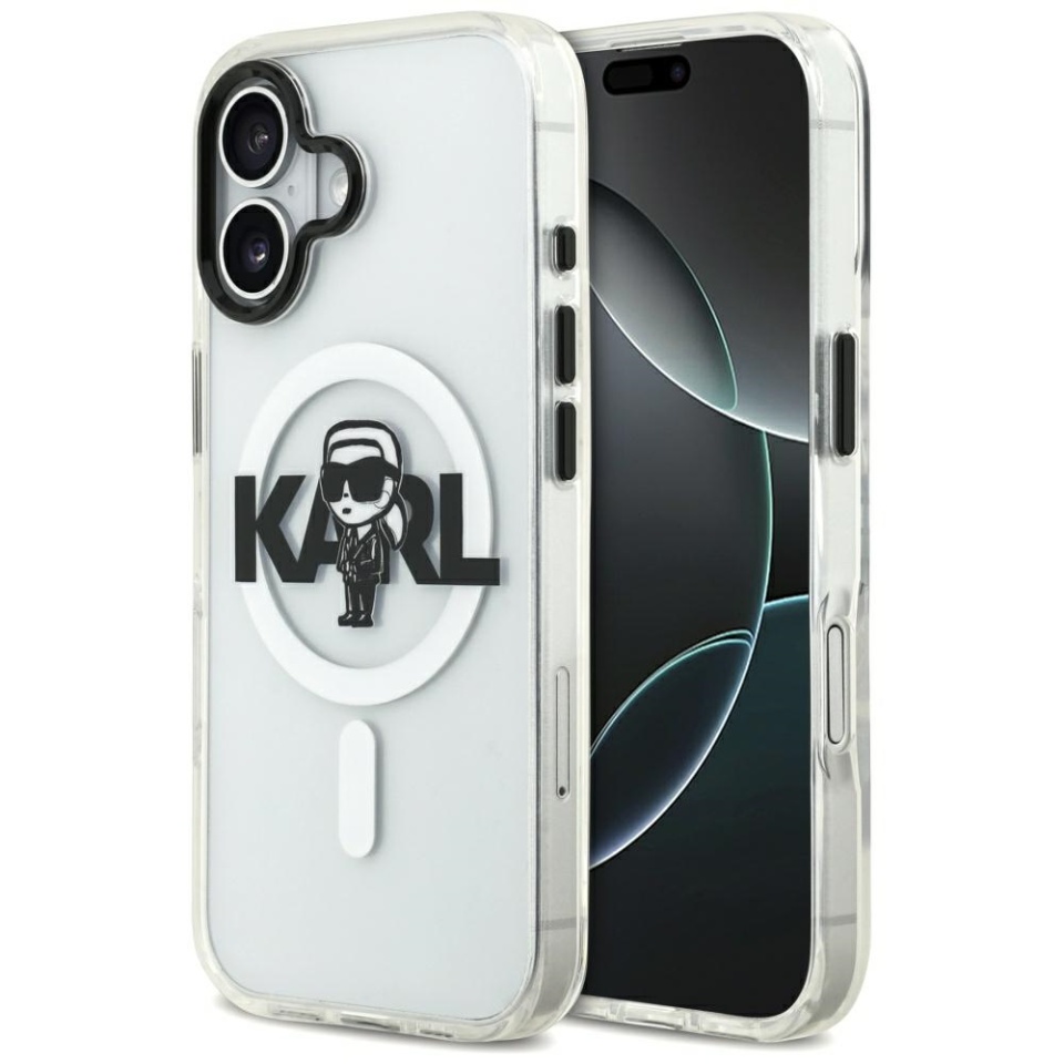 Husa pentru iPhone 17, IML Glitter K&C Heads Logo MagSafe, Clear Mono Karl&Choupette