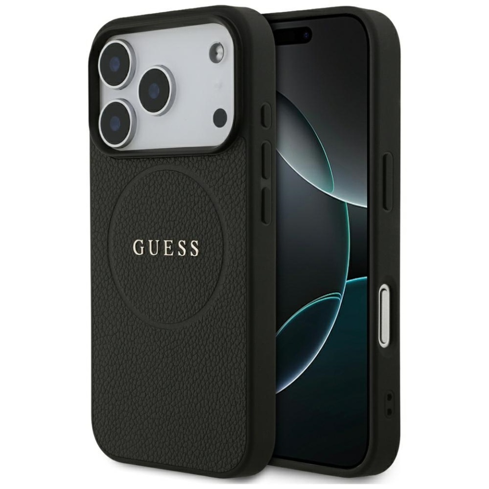 Husa pentru iPhone 17 Pro, Guess Grained Gold Ring MagSafe, Negru
