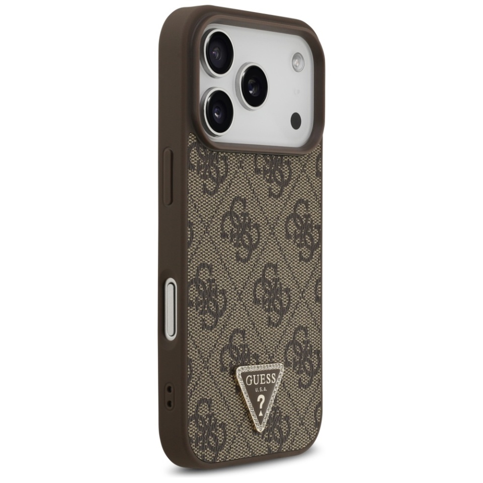 Husa pentru iPhone 17 Pro, Guess, Leather 4G Triangle Strass, Maro - 2 | YEO