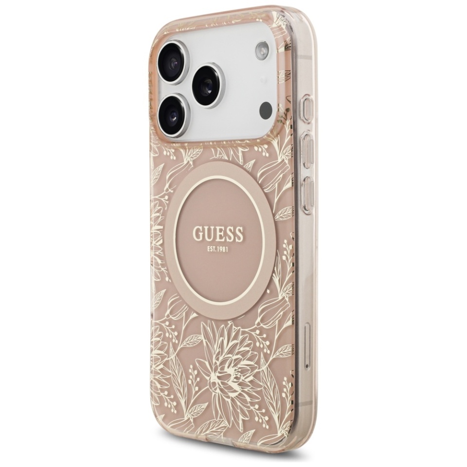 Husa pentru iPhone 17 Pro, IML Flowers with Pearl Strap MagSafe, Guess - Roz - 1 | YEO