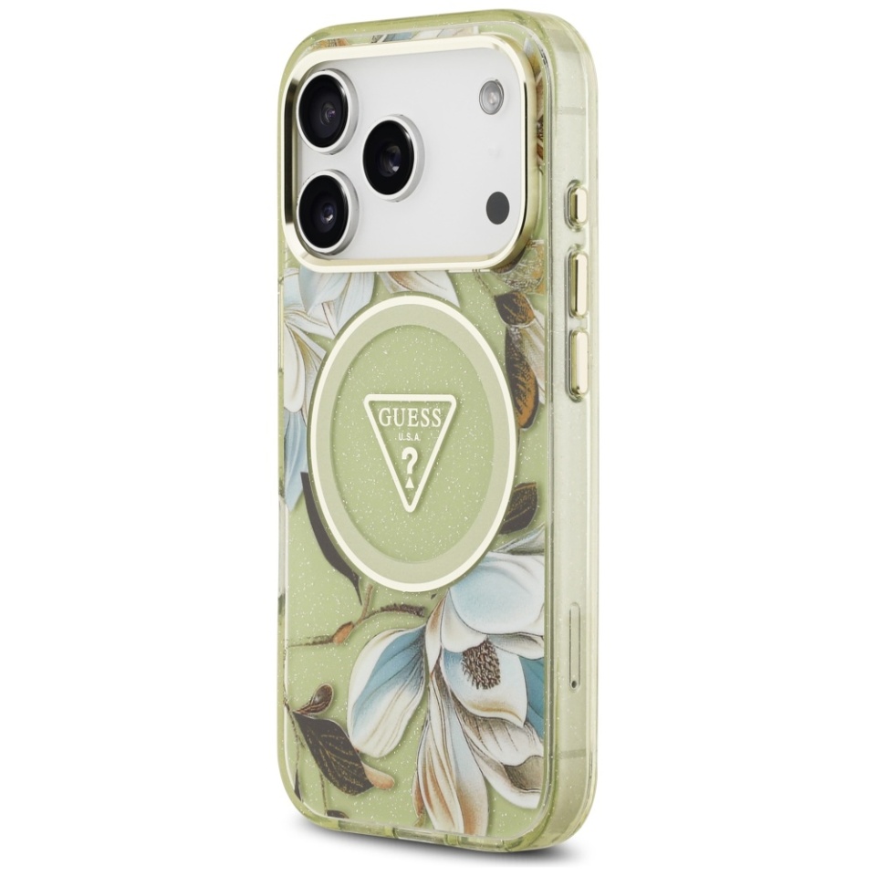 Husa pentru iPhone 17 Pro, IML Flowers with Pearl Strap MagSafe, Guess - Verde - 3 | YEO