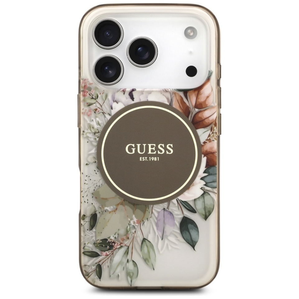 Husa pentru iPhone 17 Pro, IML Flowers with Pearl Strap MagSafe, Guess - Maro - 1 | YEO
