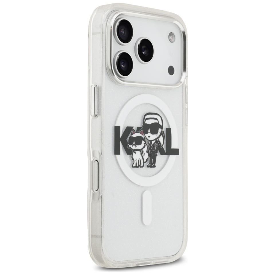 Husa pentru iPhone 17 Pro, IML Glitter K&C Heads Logo MagSafe, Clear Mono Karl&Choupette - 1 | YEO