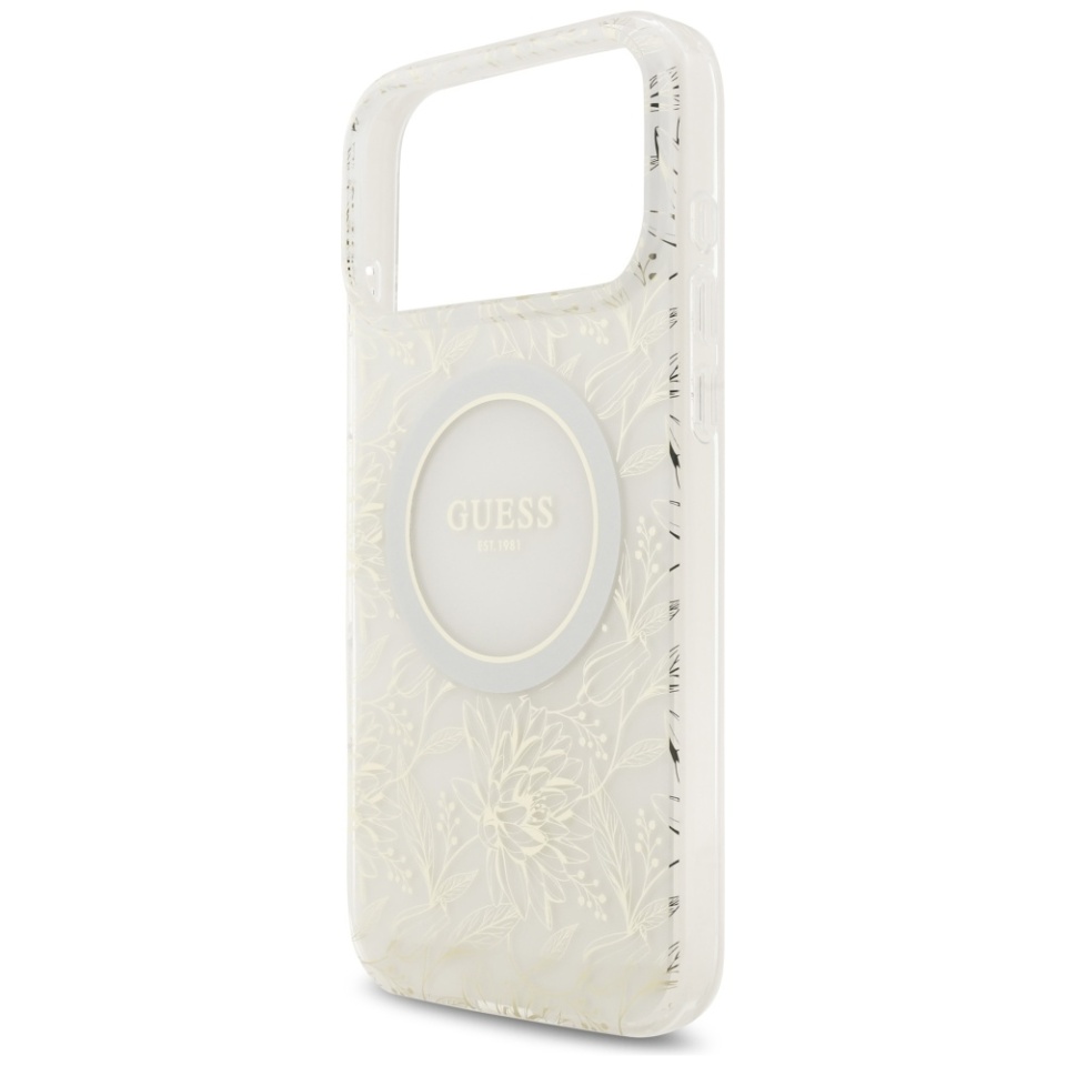 Husa pentru iPhone 17 Pro Max, IML Flowers with Pearl Strap MagSafe, Guess - Negru - 3 | YEO
