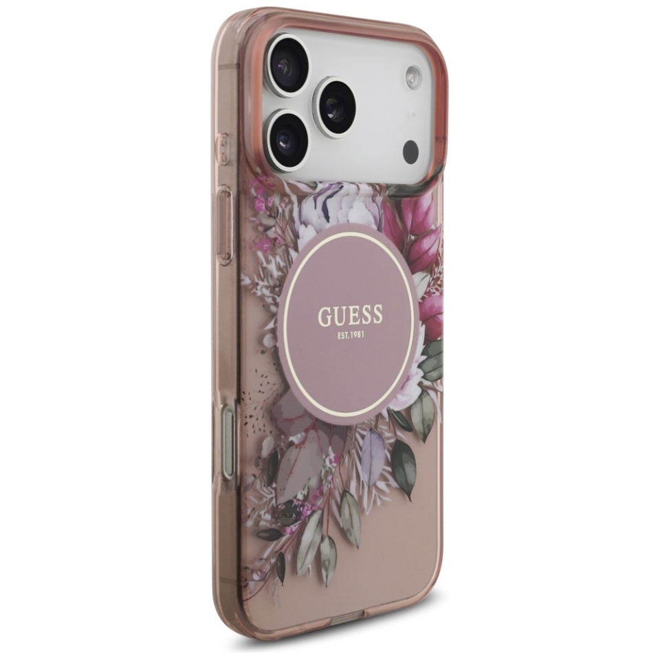 Husa pentru iPhone 17 Pro Max, IML Flowers with Pearl Strap MagSafe, Guess - Roz - 2 | YEO