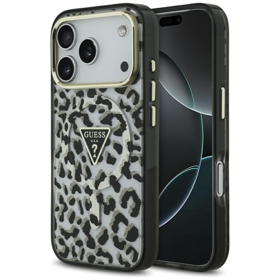 Husa pentru iPhone 17 Pro Max, Leopard Glitter MagSafe, Guess, Negru