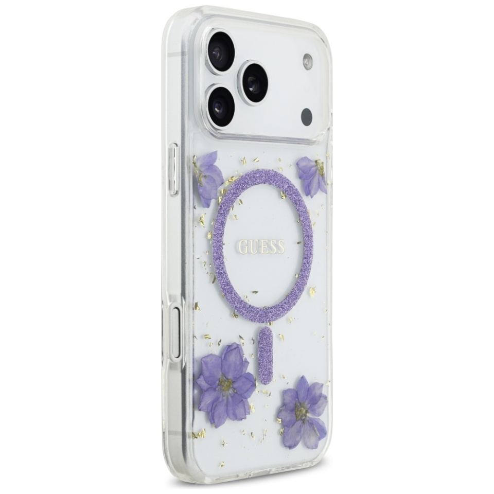 Husa pentru iPhone 17 Pro Max, Resin Flowers and Glitter MagSafe, Guess - Mov - 2 | YEO