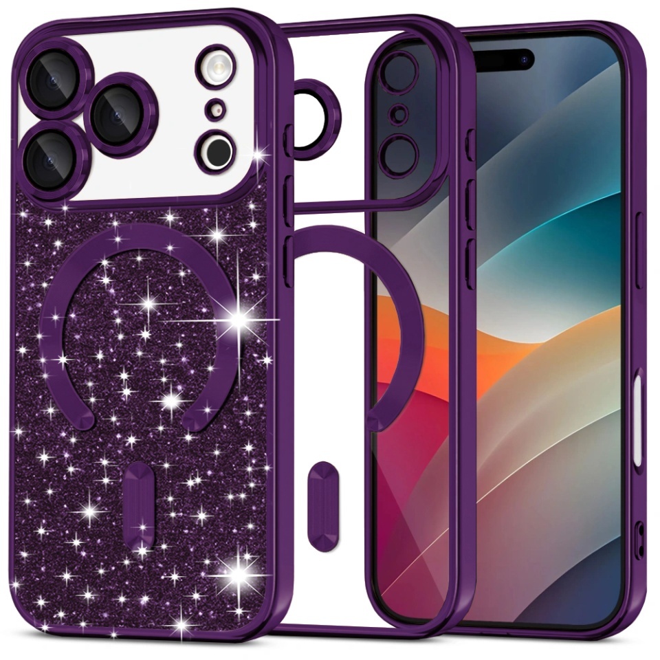 Husa pentru iPhone 17 Pro Max, SKYDDAR INNOVATION, Luxury Glitter Magsafe, Antisoc, Fundal Detasabil 2-in-1, Margini Ridicate, set cu sticker, Mov