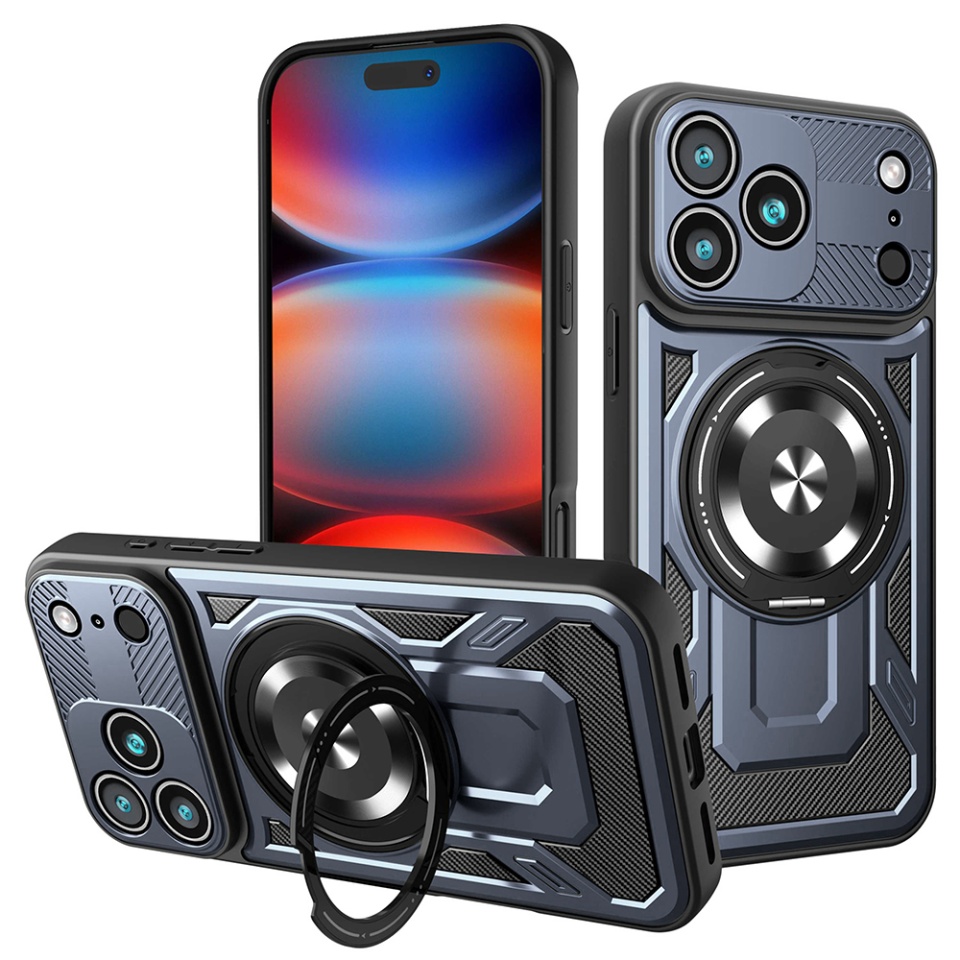 Husa pentru iPhone 17 Pro Max, SKYDDAR INNOVATION, RuggedCam, Inel magnetic antisoc, set cu sticker, Albastru