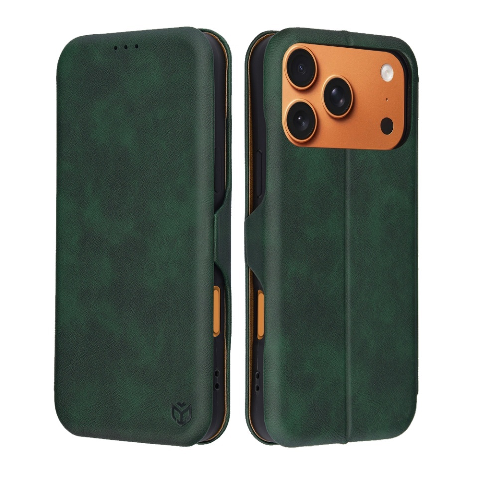 Husa pentru iPhone 17 Pro Max, SKYDDAR INNOVATION, Safe Wallet tip carte din Piele Ecologica, Suport Carduri, Inchidere Magnetica, Verde, set cu sticker