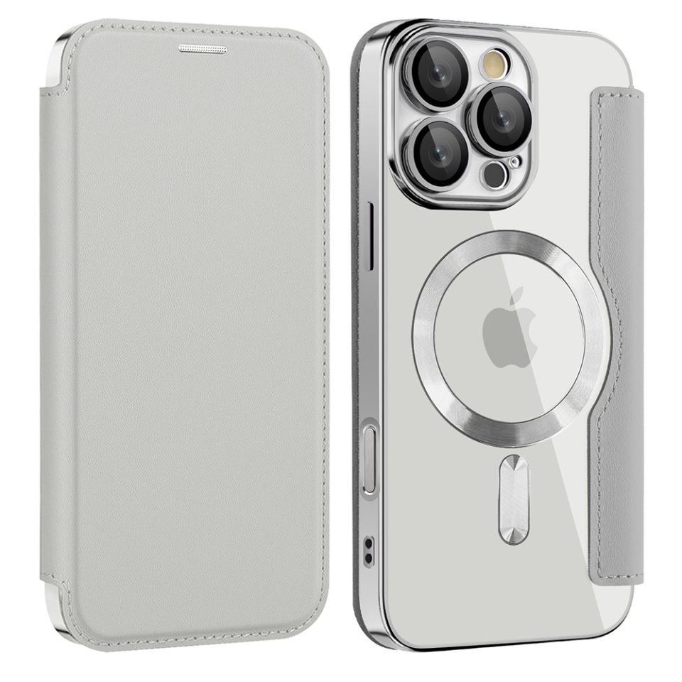 Husa pentru iPhone 17 Pro Max tip carte, SKYDDAR INOVATION, SmartMag Book, Magsafe, RFiD, Suport Carduri, set cu sticker, Gri