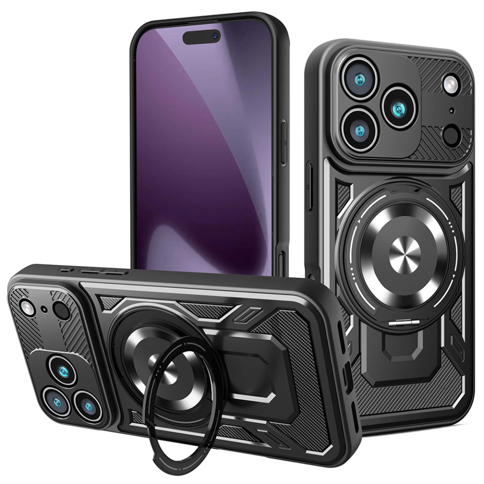 Husa pentru iPhone 17 Pro, SKYDDAR INNOVATION, RuggedCam, Inel magnetic antisoc, set cu sticker, Negru