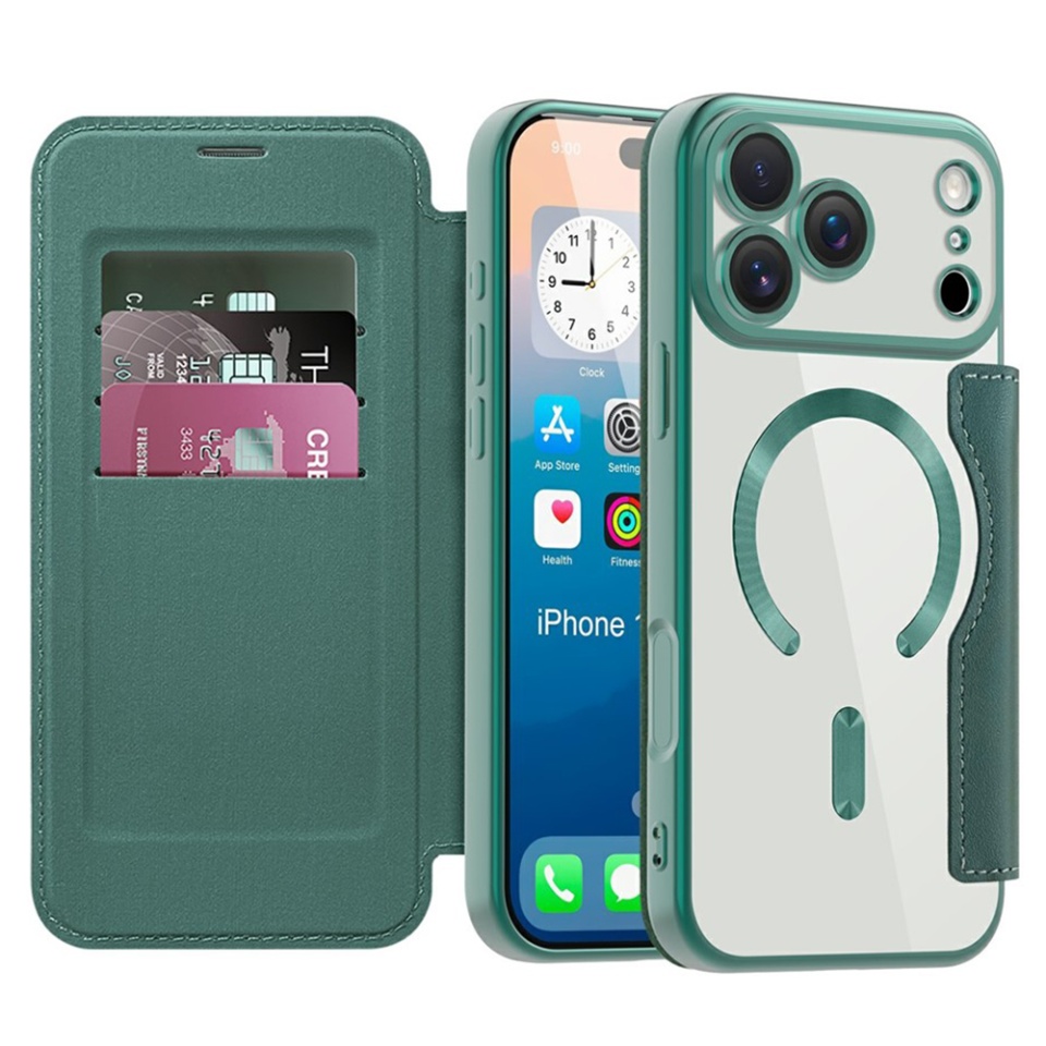 Husa pentru iPhone 17 Pro tip carte, SKYDDAR INOVATION, SmartMag Book, Magsafe, RFiD, Suport Carduri, set cu sticker, Verde