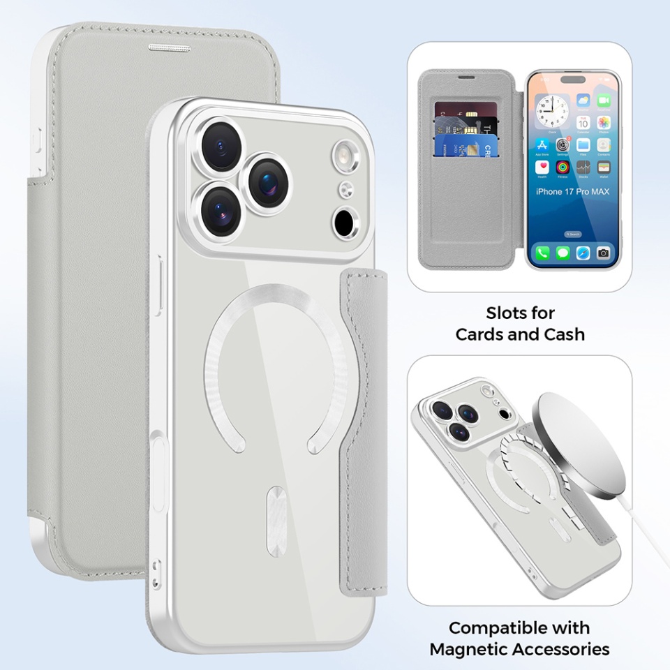 Husa pentru iPhone 17 Pro tip carte, SKYDDAR INOVATION, SmartMag Book, Magsafe, RFiD, Suport Carduri, set cu sticker, Gri - 2 | YEO