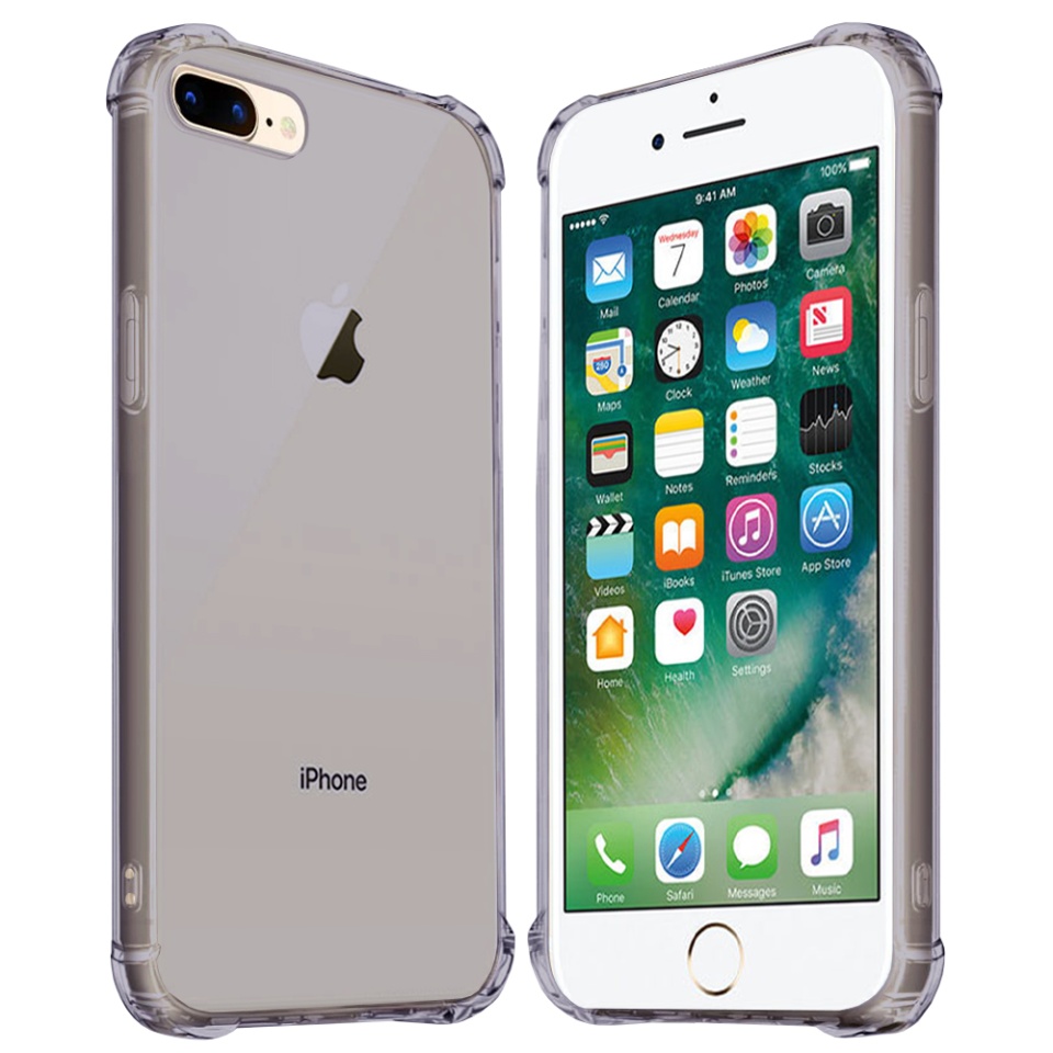 Husa pentru iPhone 8 Plus / 7 Plus, SKYDDAR INNOVATION, Shockproof Clear Silicone, Silicon Slim, set cu sticker, Fumuriu