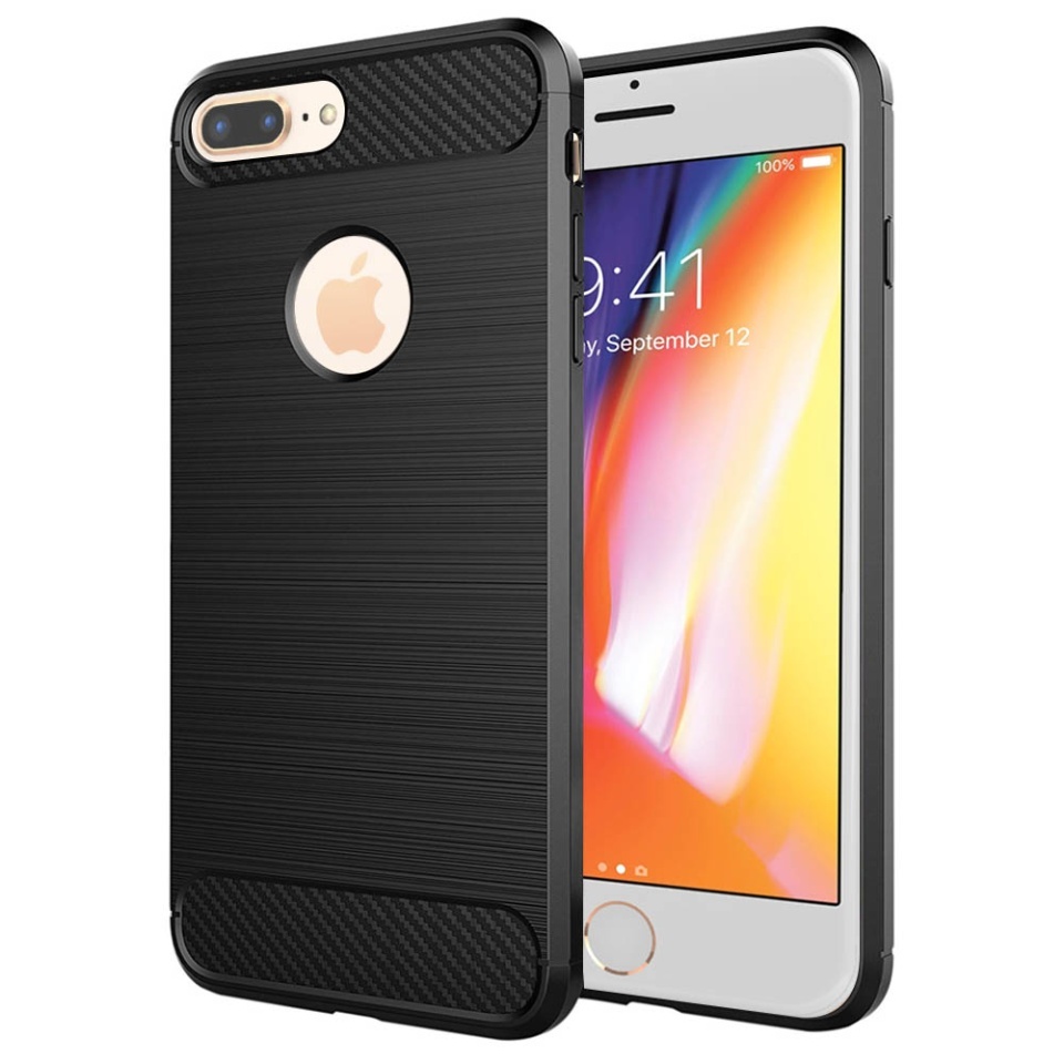Husa pentru iPhone 8 Plus, SKYDDAR INNOVATION, Carbon Silicone, din Silicon Slim, cu textura Fibra Carbon, set cu sticker, Negru