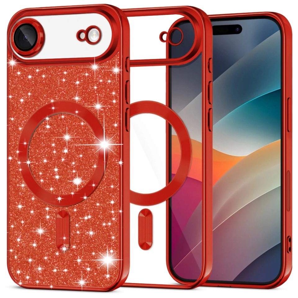 Husa pentru iPhone Air, SKYDDAR INNOVATION, Luxury Glitter Magsafe, Antisoc, Fundal Detasabil 2-in-1, Margini Ridicate, set cu sticker, Rosu