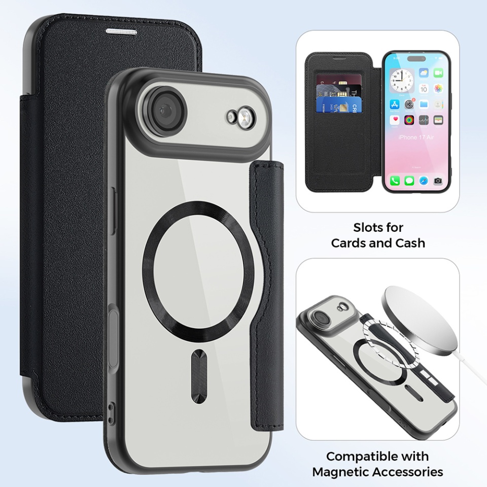 Husa pentru iPhone Air tip carte, SKYDDAR INOVATION, SmartMag Book, Magsafe, RFiD, Suport Carduri, set cu sticker, Negru - 2 | YEO