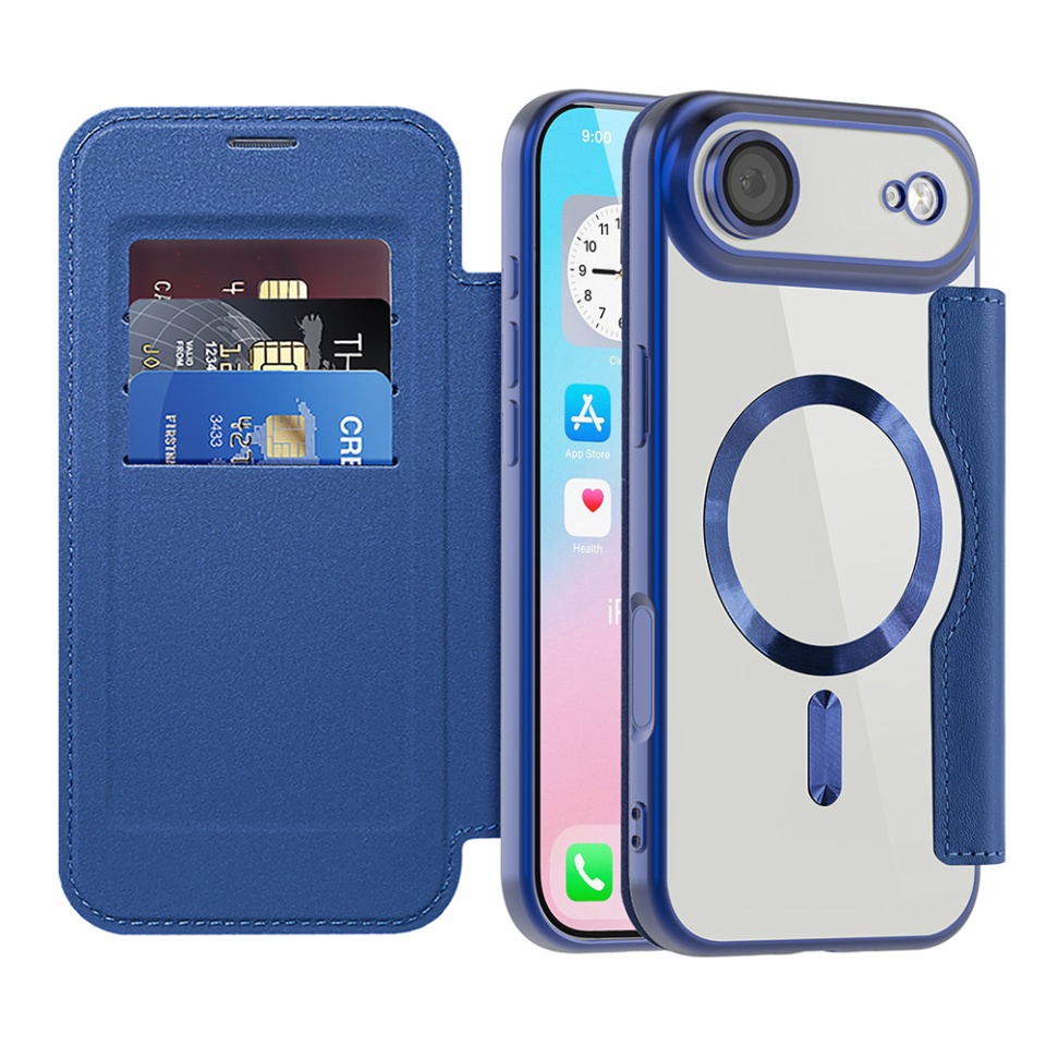 Husa pentru iPhone Air tip carte, SKYDDAR INOVATION, SmartMag Book, Magsafe, RFiD, Suport Carduri, set cu sticker, Albastru