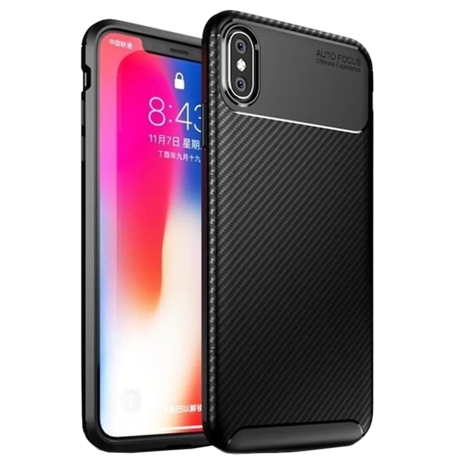 Husa pentru iPhone X, iPhone 10 / XS, SKYDDAR INNOVATION, CarbonFiber, Antisoc, Negru, set cu sticker