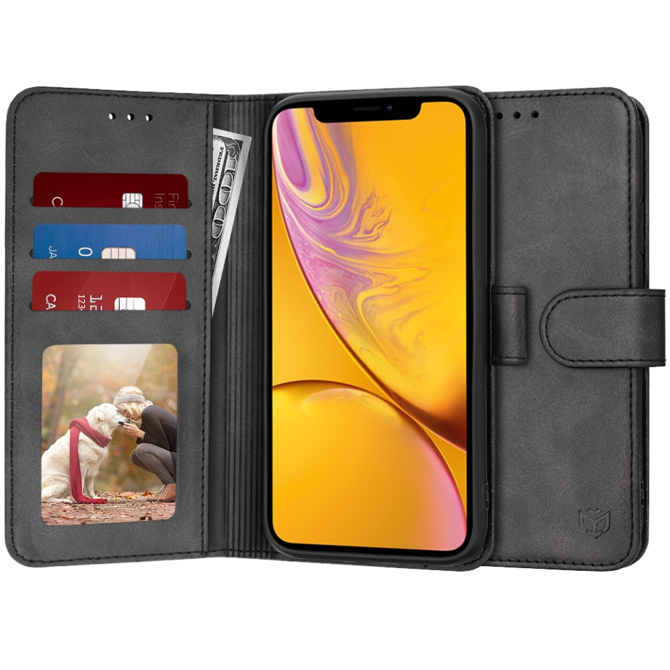 Husa pentru iPhone XR, SKYDDAR INNOVATION, Diary Book, tip carte, cu Portofel Interior, Antisoc, Negru, set cu sticker