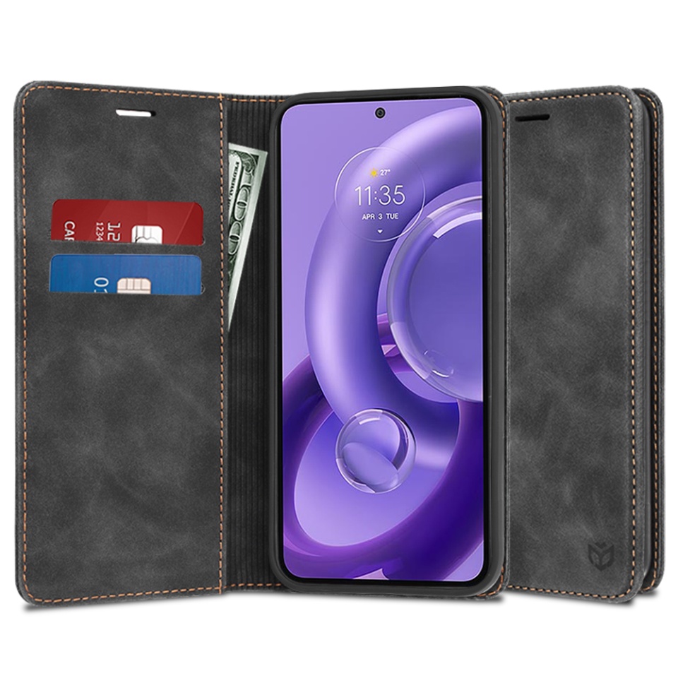 Husa pentru Motorola Edge 30 Neo, SKYDDAR INNOVATION, Soft Wallet, tip Carte din piele Eco Premium, cu Portofel Interior, Negru, set cu sticker