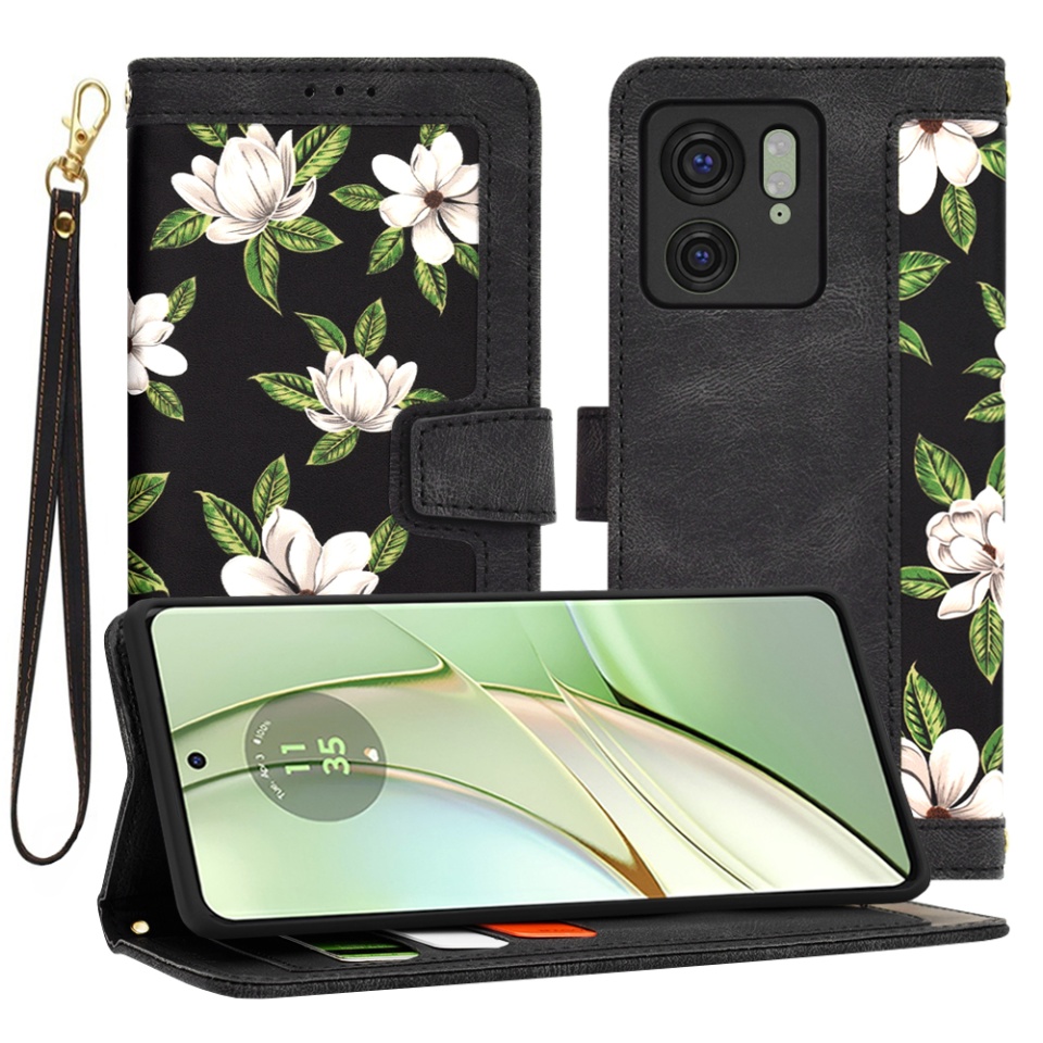 Husa pentru Motorola Edge 40 / Edge (2023) din Piele Ecologică cu Design Floral, Protecție 360°, Stand Integrat, Buzunare pentru Carduri, SKDR Floral Wallet - Negru